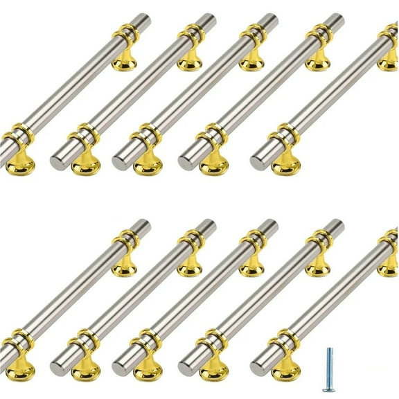 10 Packs Brushed Nickel Cabinet Pulls, Golden Cabinet Knobs ,Zinc Aolly Hardware Handles 5-inch Center-to-center Hole