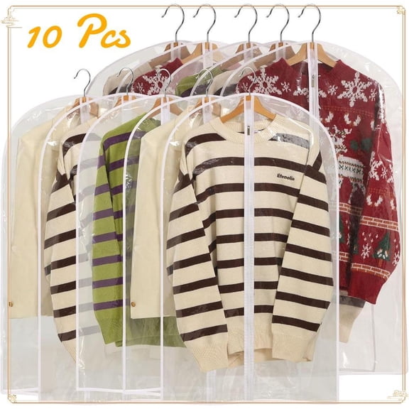 10 Packs All Clear Garment Bags for Hanging Clothes, Suit Bags for Closet Storage, Plastic Dustproof Suit Cover Bags, Clothes Protectors Bag with zipper for Coats, Jackets, Shirts
