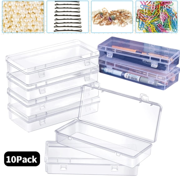 10 Packs Clear Plastic Beads Storage Containers Box with Hinged Lid, Plastic Storage Boxes for Storage of Small Items, Crafts, Jewelry, Game Pieces, Pens,Hardware(6.2'' x 2.5'' x 1.2'')
