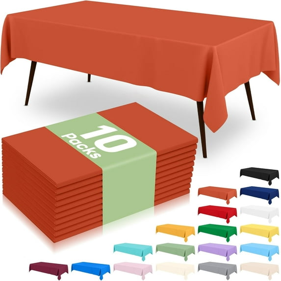 10 Packs Disposable Plastic Table Cloth, 54 x 108 Inch Waterproof Rectangle Tablecloth, Leakproof & Sturdy Decorative Table Covers for Picnic, Party and Outdoor, Rust