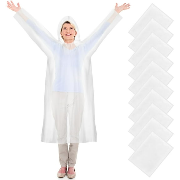 Ponpon 10pcs Disposable Rain Poncho, Adult Emergency Clear Waterproof Raincoat with Hood for Outdoor Hiking Camping