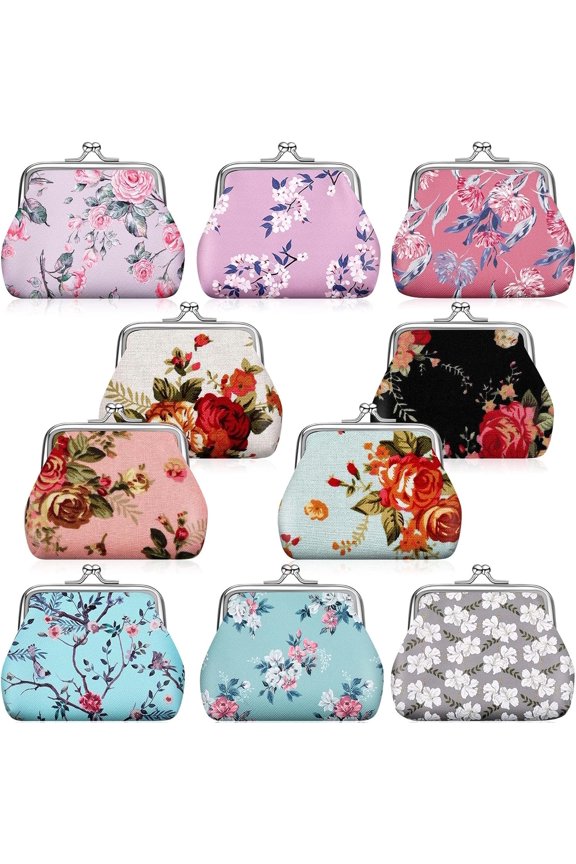 10 Packs Floral Women Purse Small Purses Pouches Cute Canvas Change Wallets for Women Lock Pouch Flower Change Wallets