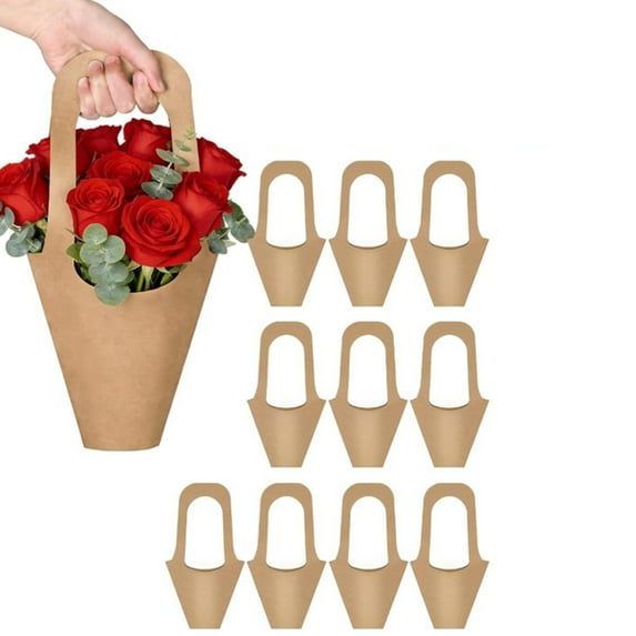 10 Packs Kraft Paper Flower Gift Bags with Handle, Bouquet Holder for Wedding & Valentine’s Day Decoration, Florist Shop Flower Carrier, Gift Bags