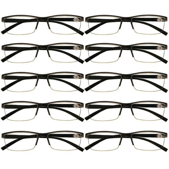 10 Packs Mens Rectangle Half Frame Reading Glasses Blue Light Blocking Black Spring Hinge Readers +1.75