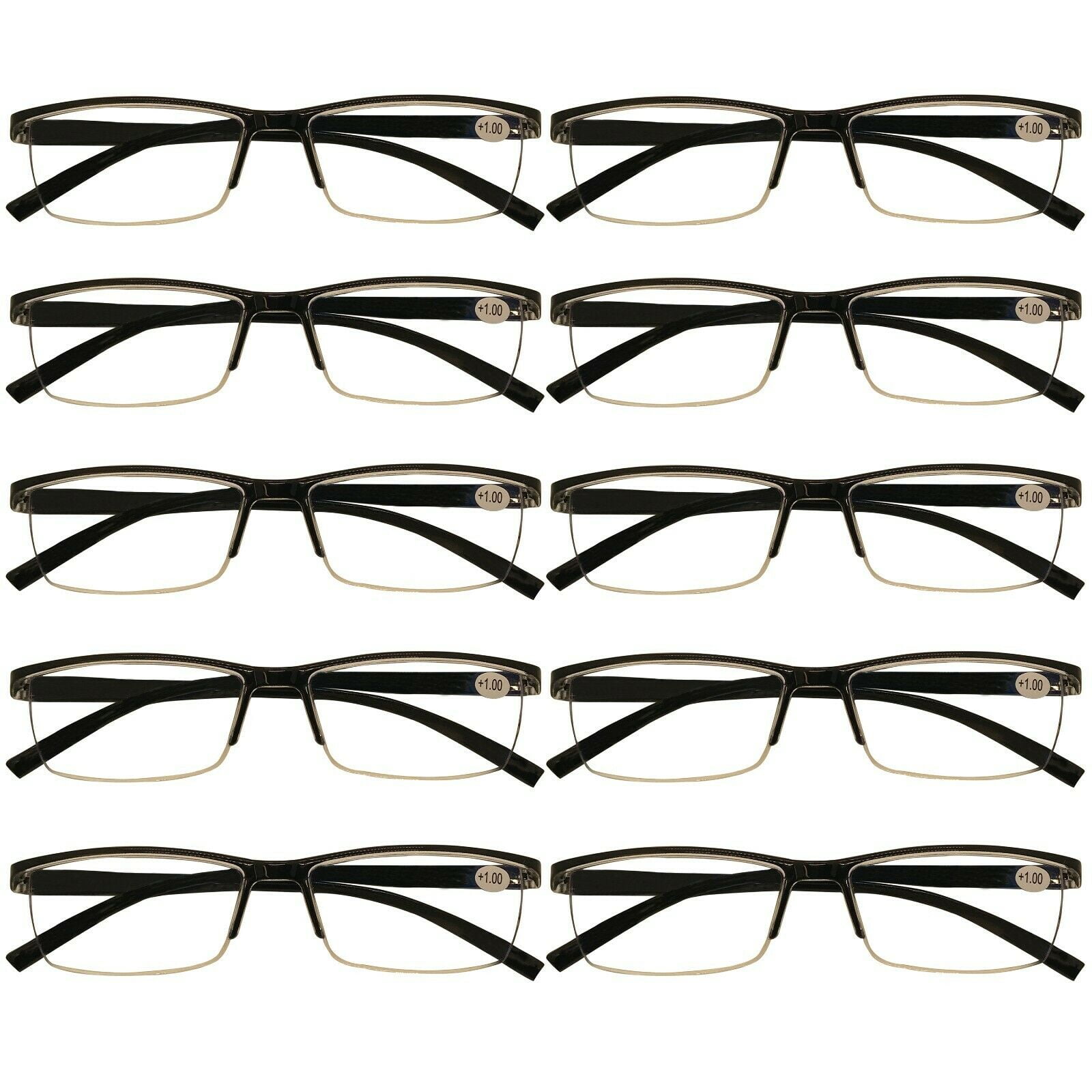 10 Packs Mens Rectangle Half Frame Reading Glasses Blue Light Blocking Black Spring Hinge Readers +2.00