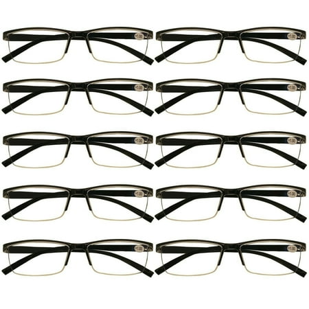 10 Packs Mens Rectangle Half Frame Reading Glasses Blue Light Blocking Black Spring Hinge Readers +2.00