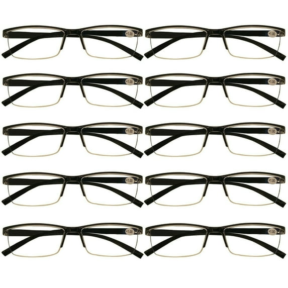 10 Packs Mens Rectangle Half Frame Reading Glasses Blue Light Blocking Black Spring Hinge Readers +4.00