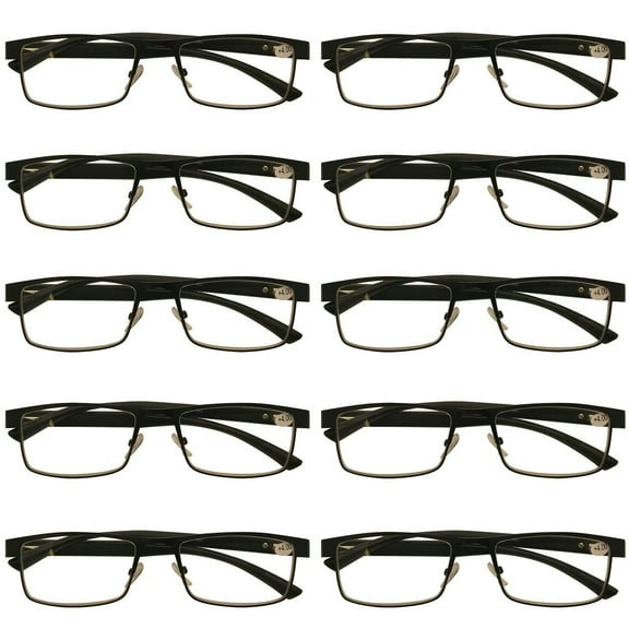 10 Packs Mens Rectangle Metal Frame Reading Glasses Black Spring Hinge Readers +1.50