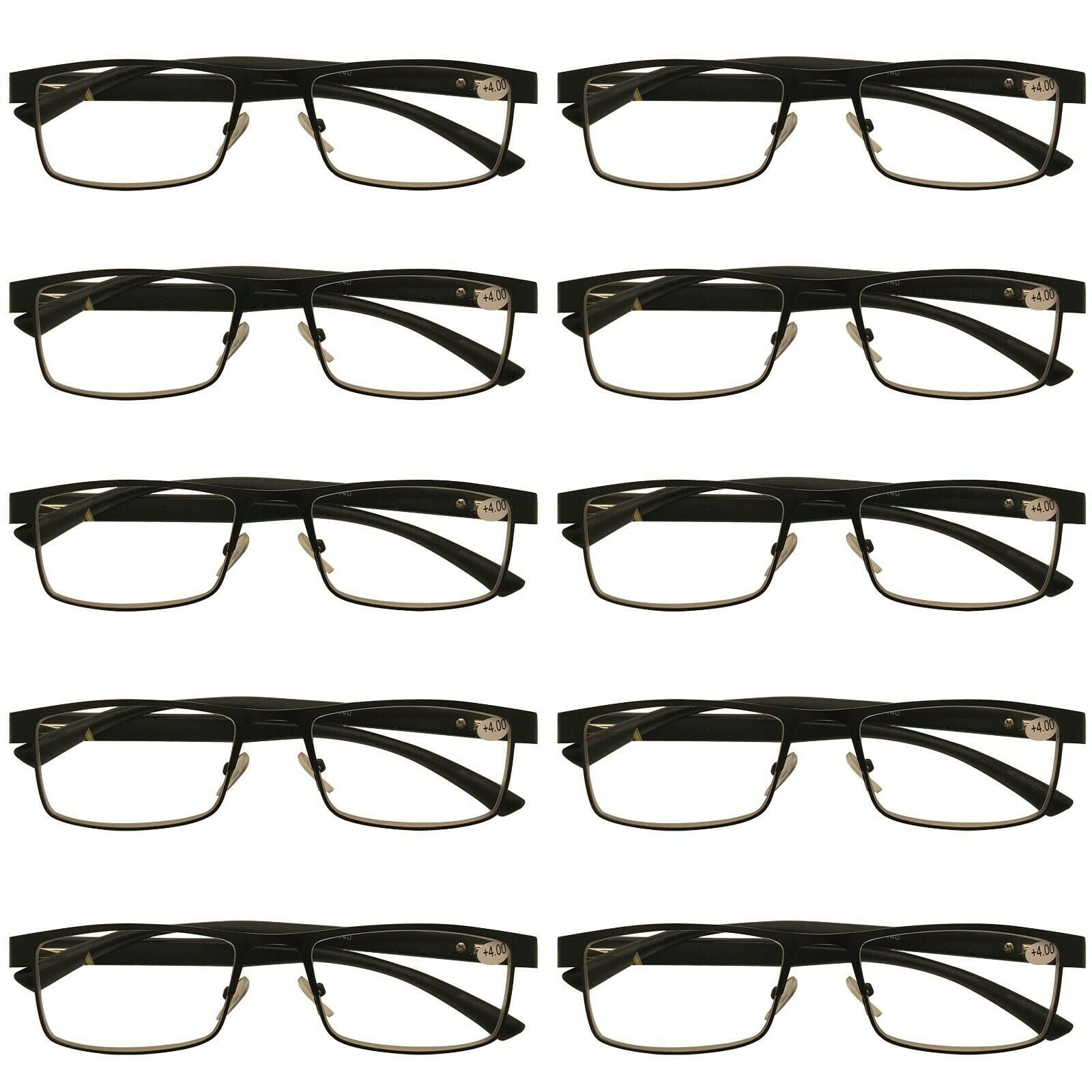 10 Packs Mens Rectangle Metal Frame Reading Glasses Black Spring Hinge Readers +2.00