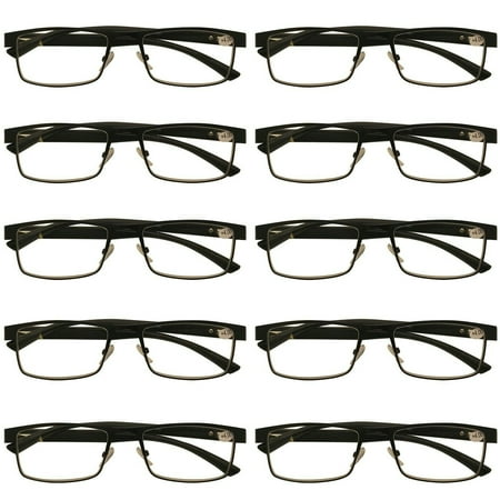 10 Packs Mens Rectangle Metal Frame Reading Glasses Black Spring Hinge Readers +2.25