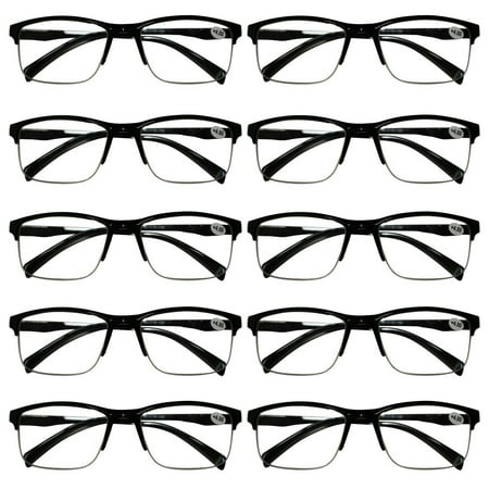 10 Packs Mens Unisex Half Frame Square Reading Glasses Black Spring Hinge Readers +1.00