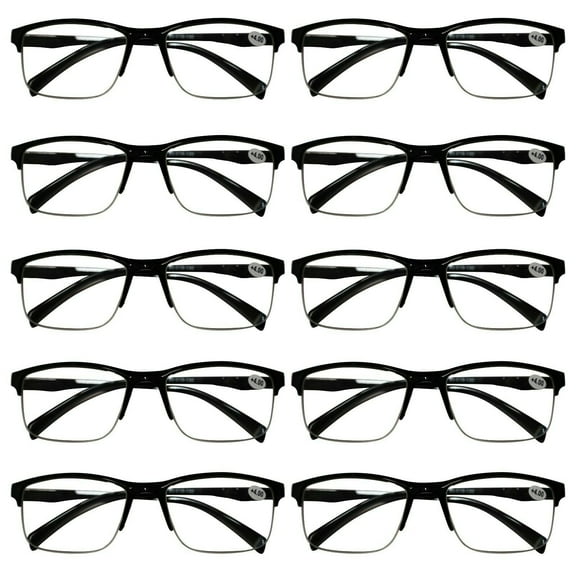 10 Packs Mens Unisex Half Frame Square Reading Glasses Black Spring Hinge Readers +1.00