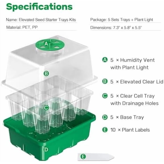 10 Packs Seed Starter Tray with Elevated Lid, 120 Cells Thicken Seed Starting Trays Kit with Adjustable Humidity Vent, Clear Cell Tray and Heightened Lids for Greenhouse & Gardens, Green