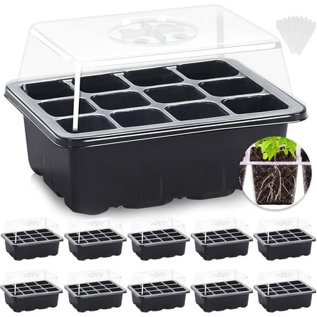 10 Packs Seed Starter Trays (120 Cells Total) with Humidity Dome and Base Jorking Plant Growing Germination Kit for Soil Blocks, Rockwool Cubes,Wheatgrass, Hydroponic