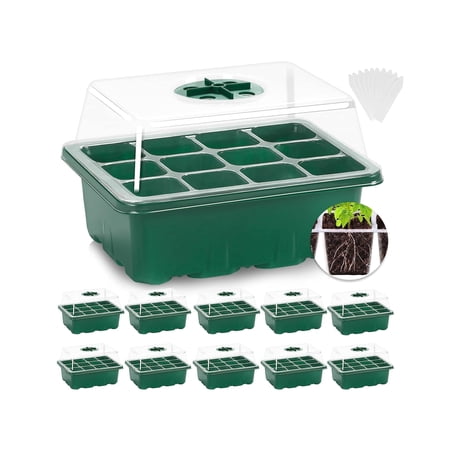 10 Packs Seed Starter Trays(120 Cells Total)with Humidity Dome and Base Jorking Plant Growing Germination Kit Clone Tray for Soil Blocks, Rockwool Cubes,Wheatgrass, Hydroponic