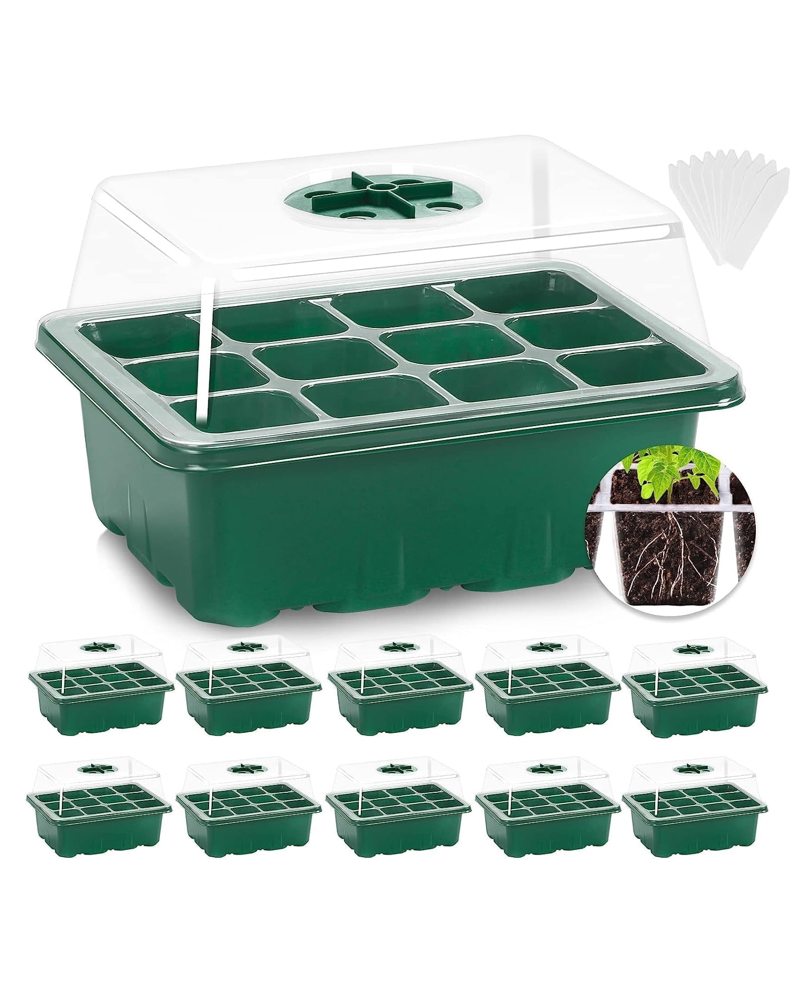 10 Packs Seed Starter Trays(120 Cells Total)with Humidity Dome and Base ...