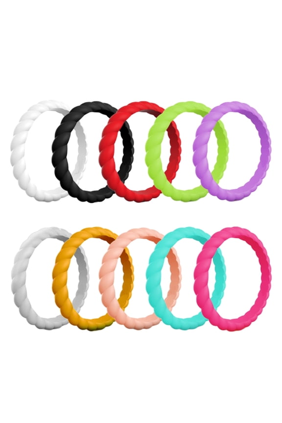 10 Packs Silicone Wedding Rings For Women, Thin Braided Rubber Wedding Bands Stackable Ring, Hypoallergenic Silicone-Size 7