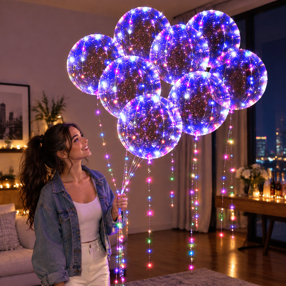 10 Packs Transparent Light Up Helium Style Glow Bubble Balloons With String Lights