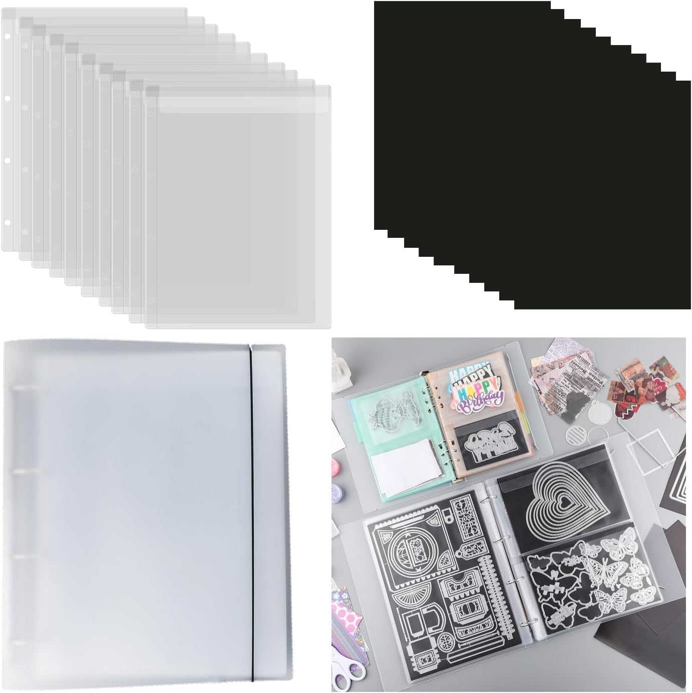 10 Pages/1Set A4 Clear 4 Ring Storage Book Binder; Stamp & Cutting Dies ...