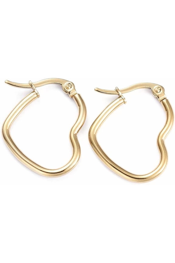 10 Pair 27mm Gold Heart Hoop Earrings Stainless Steel Modern Style Clutchless Back Post Setting