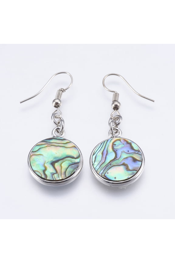 10 Pair Abalone Shell/Paua Shell Dangle Earrings with Brass Findings Flat Round Platinum 45mm Pin: 0.7mm