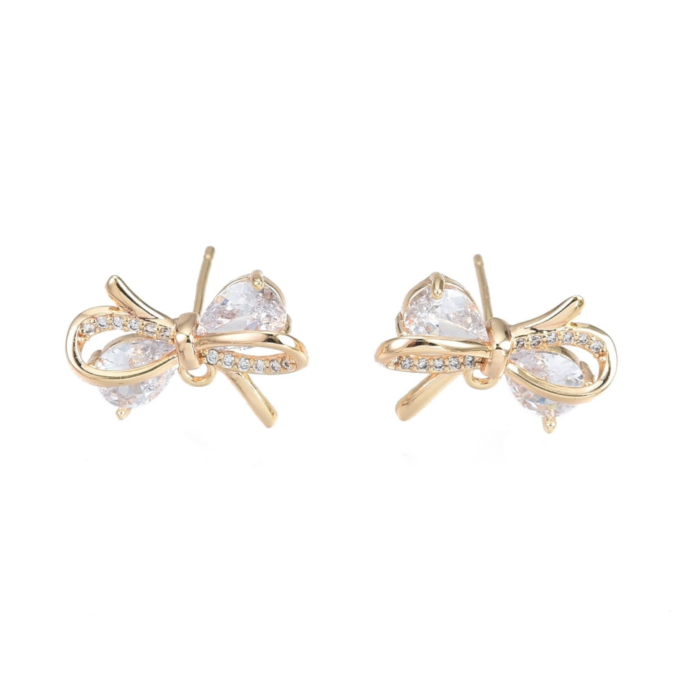 10 Pair Brass Micro Pave Clear Cubic Zirconia Stud Earring Findings Nickel Free Bowknot Real 18K Gold Plated 12.5x17.5mm Hole: 1.2mm