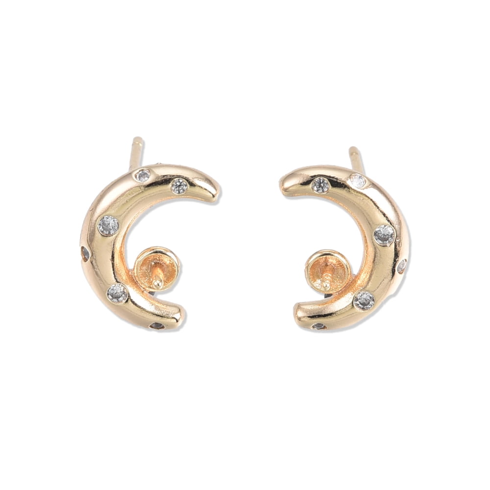 10 Pair Brass Stud Earring Findings for Half Drilled Beads with Clear Cubic Zirconia Crescent Moon 11.5x8mm Pin: 0.7mm and 0.8mm
