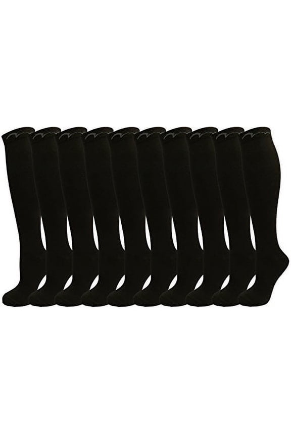 10 Pair Pack Knee-High Youth Compression Socks for Athletics; Basketball, Baseball, Softball, Soccer, Football, Running, Cross Country, MTB, Sports. Gift Set; All Black, Fits ages 9-16