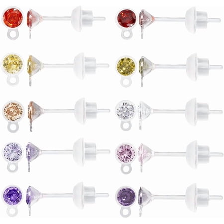 10 Pairs 10 Colors Cubic Zirconia Earrings Studs Colorful Flat Resin Stud Earring with Plastic Post for Women Men Multipack Sensitive Ears Colorful