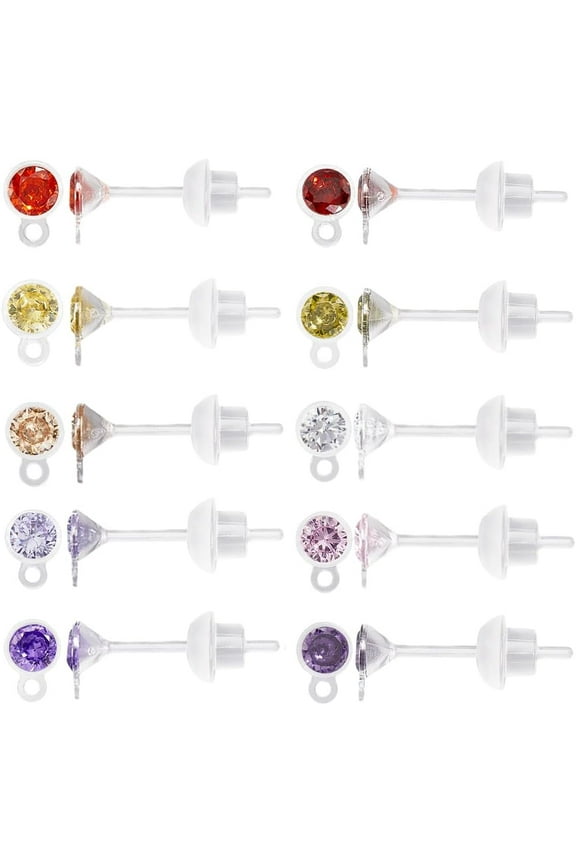 10 Pairs 10 Colors Cubic Zirconia Earrings Studs Colorful Flat Resin Stud Earring with Plastic Post for Women Men Multipack Sensitive Ears Colorful