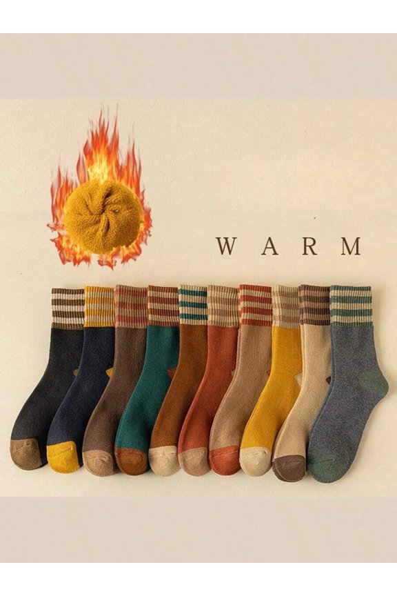 10 Pairs 10 Colors Unisex Winter Socks - Extra Thick Towel Loop Anti-Freezing Mid Tube Socks, Colorblock/Striped Novelty Socks, Warm Autumn Winter Halloween New Year Socks