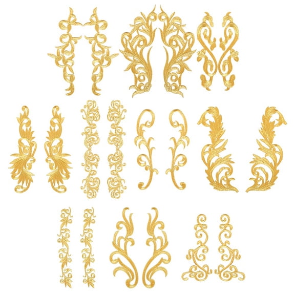 10 Pairs 10 styles Ethnic style Computerized Metallic Thread Embroidery Cloth Iron on/Sew on Ornament Accessories Auspicious Cloud Appliques Flower golden 160~265x35~100x1~1.3mm 1 pair/style