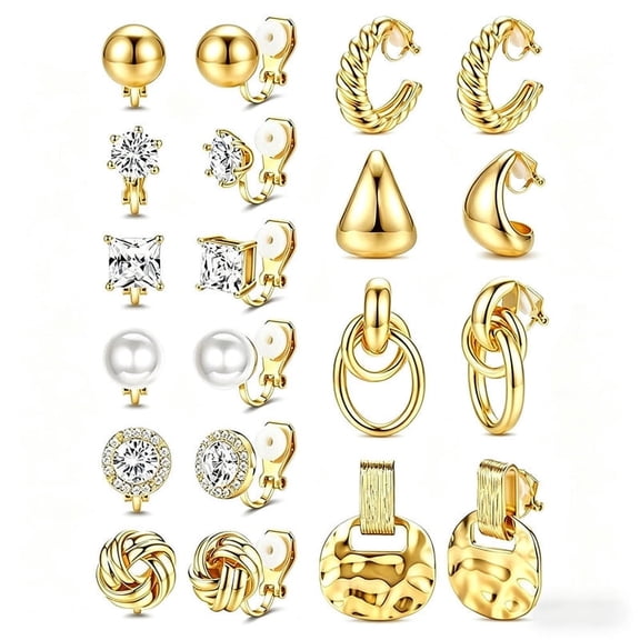 10 Pairs Clip On Earrings Set for Women Non Pierced Ears Pearl CZ Square Round Stud Twist Knot Chunky Hoop and Stud Earring Set Ear Clips Jewelry