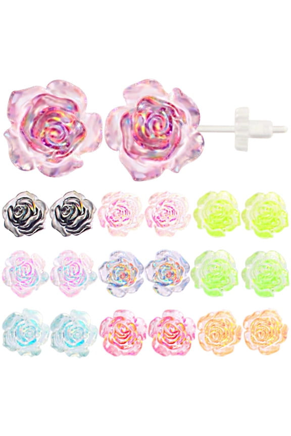 10 Pairs 3D Plastic Resin Rose Stud Earrings Transparent Illusion Colored Earring Posts with Clear Earring Backs for  Sensitive Ears Sports Party Replacement 8 mm