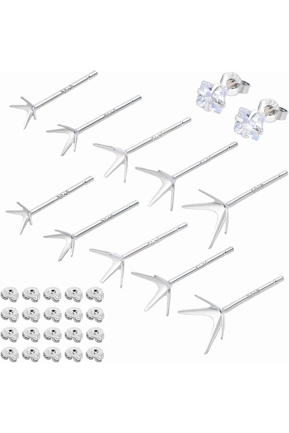 10 Pairs 5 Styles 925 Sterling Silver Ear Studs Post Studs 4-Claw Earring Blanks Prong Earring Settings Stud Earring Findings