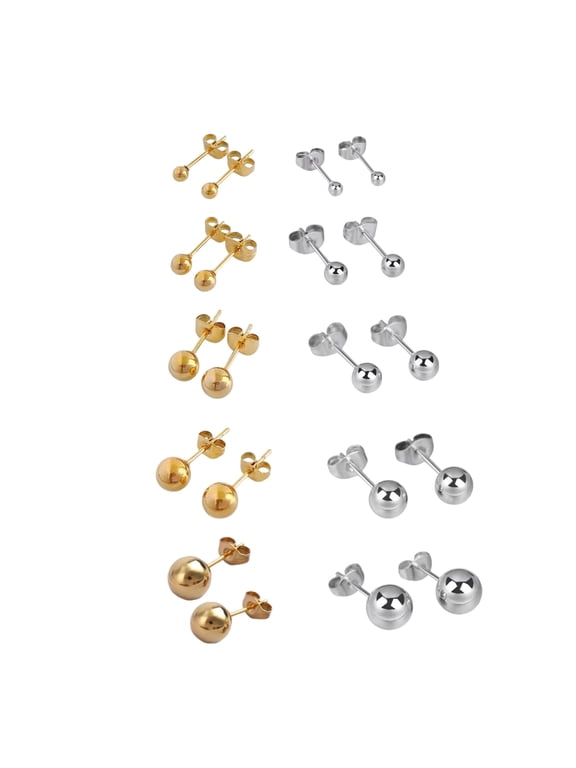 10 Pairs Ball Stud Earrings Set for Women and Men, Gold-Tone and Silver-Tone Round Post Earrings for Multiple Piercings, 3mm 4mm 5mm 6mm 8mm