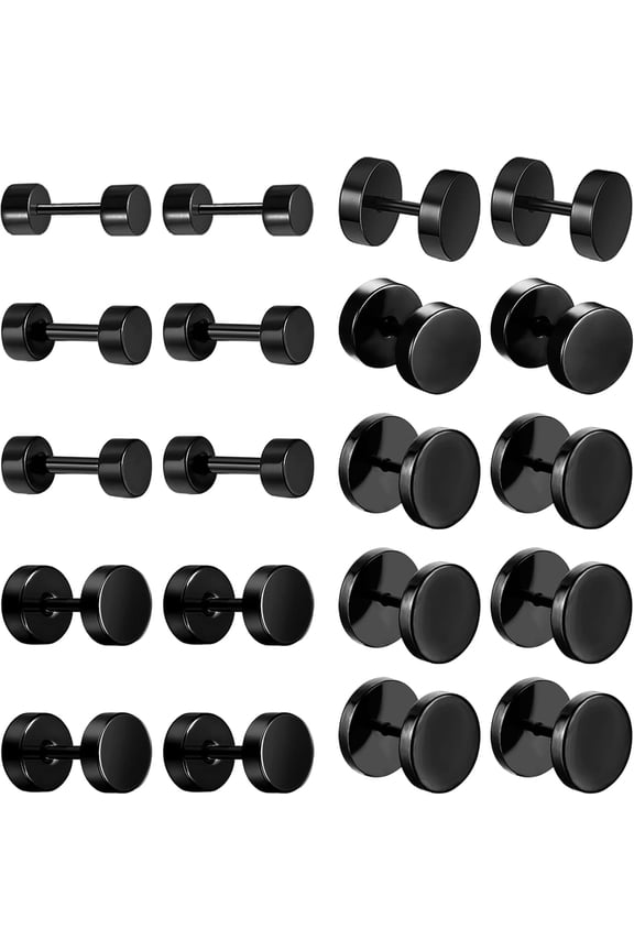 10 Pairs Black Stud Earrings for Men Faux Gauges Earrings Hypoallergenic Earrings Ear Tunnel Stainless Steel Dot Earrings for Men Women, 18G Round Ear Studs 3mm-14mm