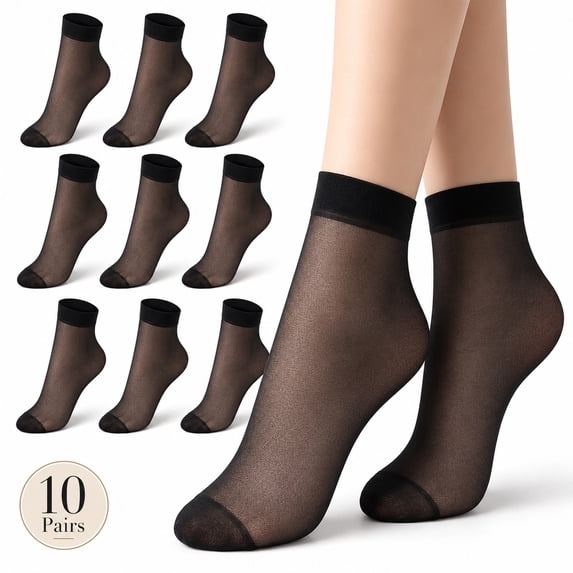 10 Pairs Black Women's Silky Anti-Slip Cotton Sole Sheer Ankle High Tights Hosiery Socks Reinforced Toe 10 Pairs Women's Ankle High Sheer Socks