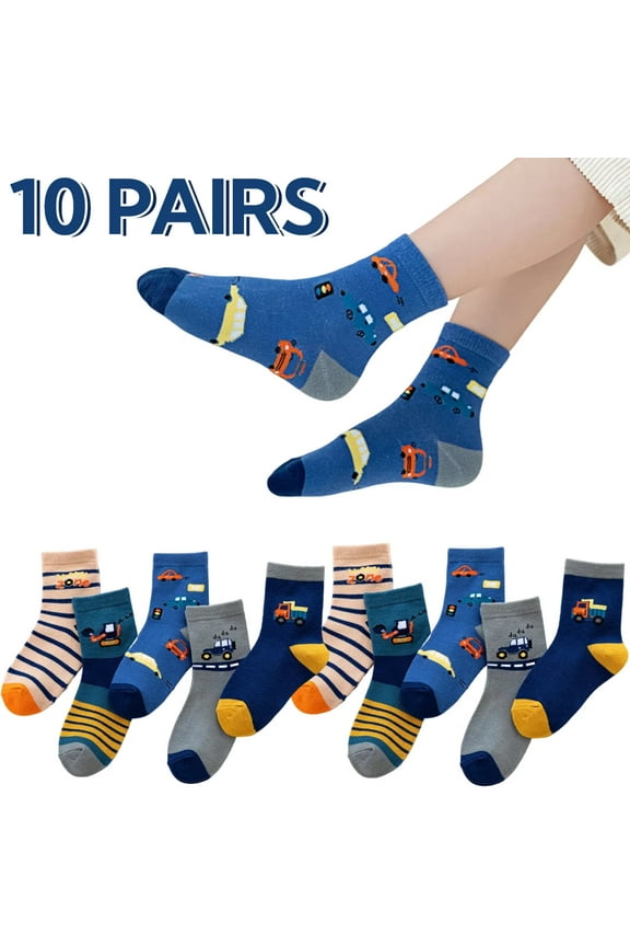 Boys Socks Cute Cartoon Mid-Calf Socks 10 Pairs, Sport Ankle Athletic Socks Breathable Cotton Socks Crew Socks for Infants Toddlers Kids Ages 1-3