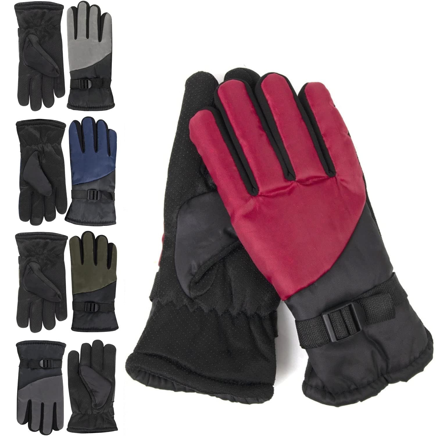 TRAIL MAKER 10 Pairs of Bulk Wholesale Adult One Size Insulated Waterproof Windproof Cold Winter Weather Gloves for Snow, Wind, Rain, Freezing Temperatures, Harsh Climates in Red, Navy Blue, Green, Gray & Silver