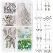 NOBRAND 10 Pairs Butterfly Dragonfly Alloy Pendants & Glass Beads & Earring Hooks & Head Pins Earring Making Kits