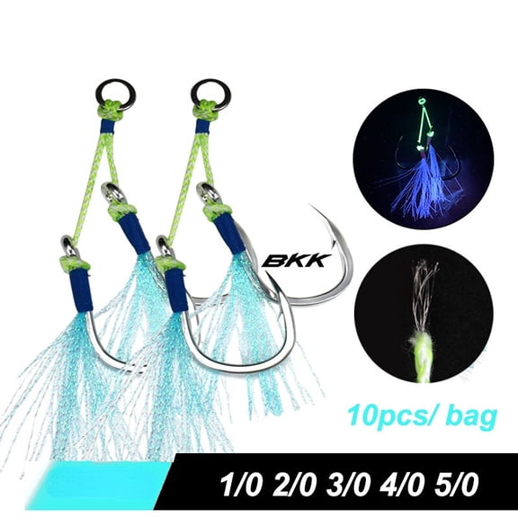 10 Pairs Cast Jigs Assist Hook Barbed Double Jig Hooks UV Glow Feather Fishhook