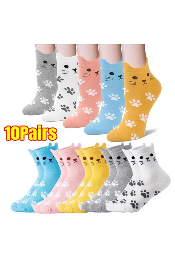 10 Pairs Cat Socks - Cute Cotton Novelty Funny Animal Fun Ankle Socks for Women Gifts