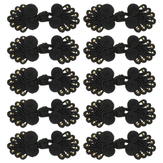10 Pairs Chinese Knots Frog Buttons Closure Black Gold Sewing Buttons with Beads