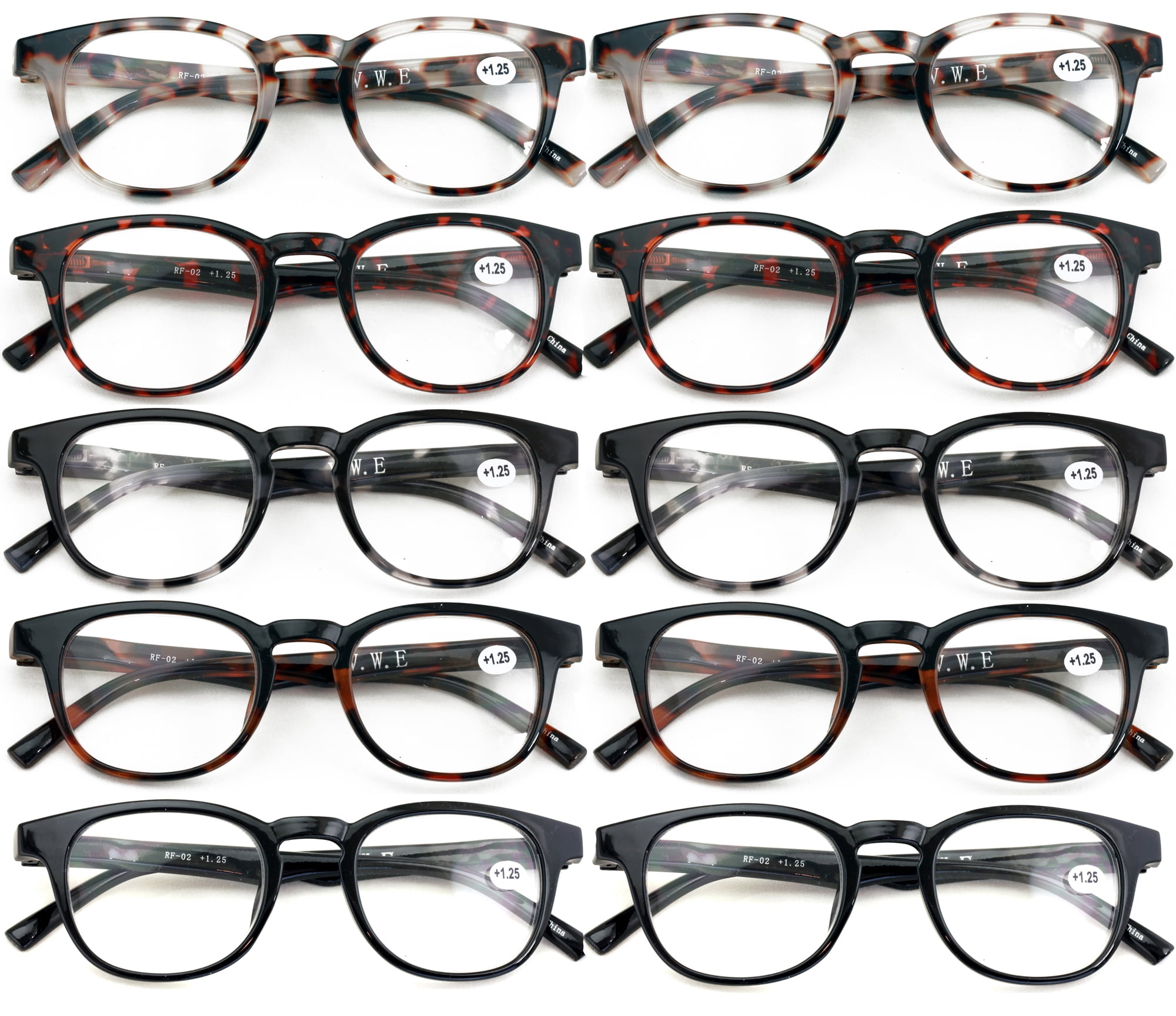 10 Pairs Comfortable Men Or Women Round Reading Glasses – Clear Lens Lightweight Readers with Spring Hinges RF02 +2.75