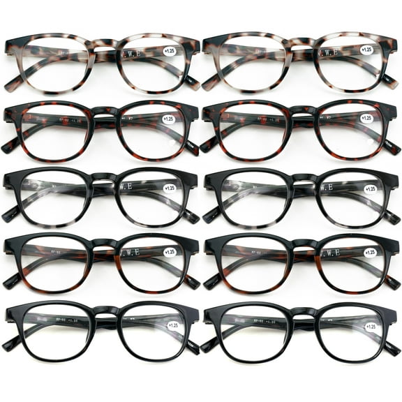 10 Pairs Comfortable Men Or Women Round Reading Glasses – Clear Lens Lightweight Readers with Spring Hinges RF02 +2.75