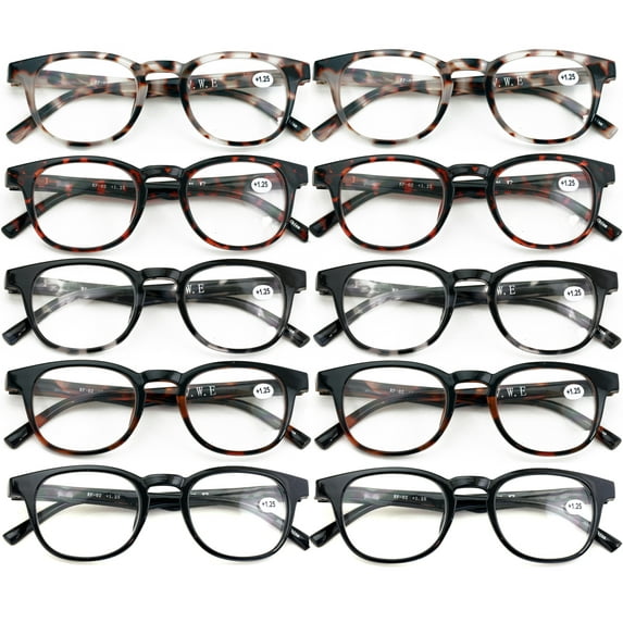 10 Pairs Comfortable Men Or Women Round Reading Glasses – Clear Lens Lightweight Readers with Spring Hinges RF02 +3.75