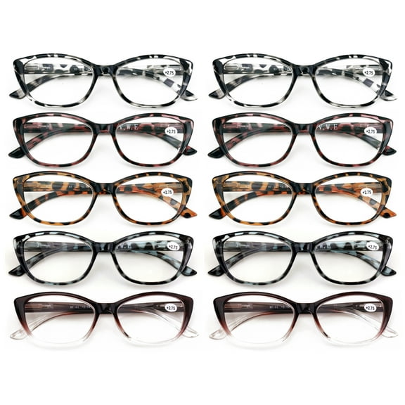 10 Pairs Comfortable Women Cat-Eye Reading Glasses – Clear Lens Lightweight Readers with Spring Hinges RF01 +2.00