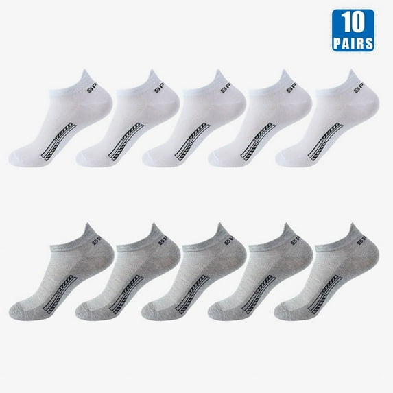 10 Pairs Cotton Men's Short Socks Crew Ankle High Quality Breathable Mesh Sports Casual Women Summer Low-Cut Thin Sock for Male 5 White 5 L-Grey EUR 42-46(US 10-13)