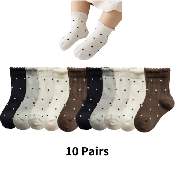 10 Pairs Cute Girls Socks Cotton Ruffle Polka Dot Kids Crew Ankle School Size 2-12